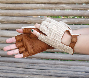 fingerless peccary leather gloves crochet baby alpaca Anteia