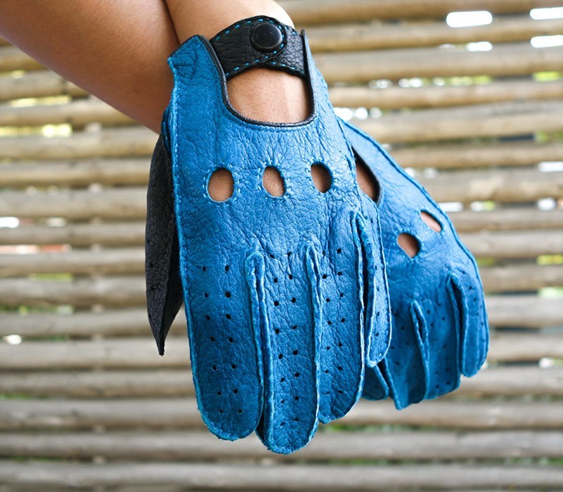 Leather Driving Gloves Mens Blue Leather Gloves Jaime Peccary